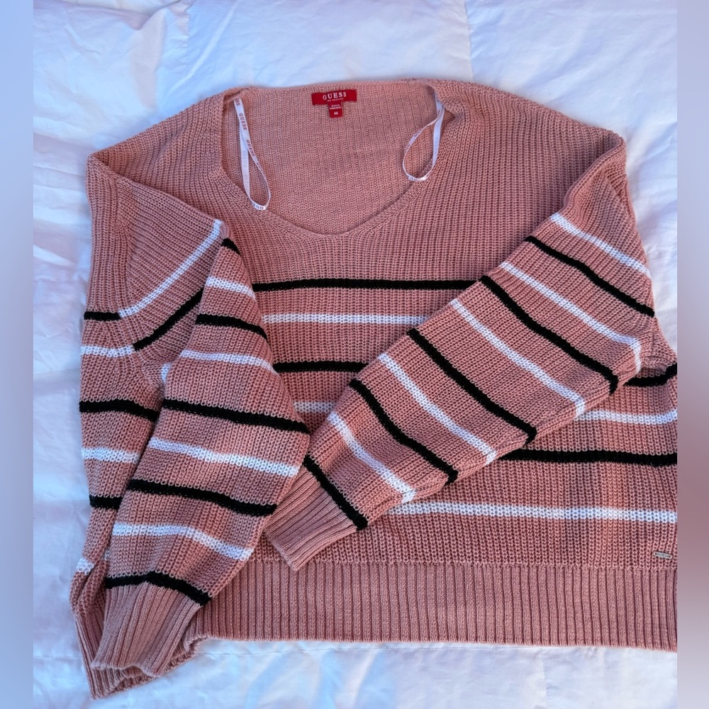 GUESS Pink Striped V‑Neck Sweater with Black and White Bands